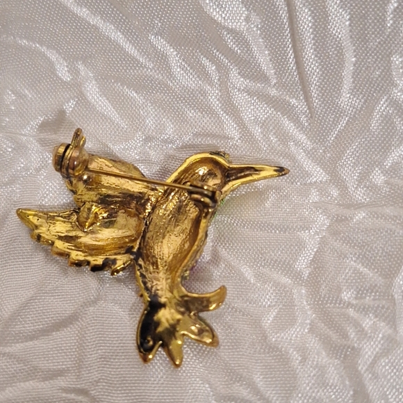 Vintage Gold Tone Pink Green Rhinestone HUMMINGBIRD Brooch - Picture 5 of 9